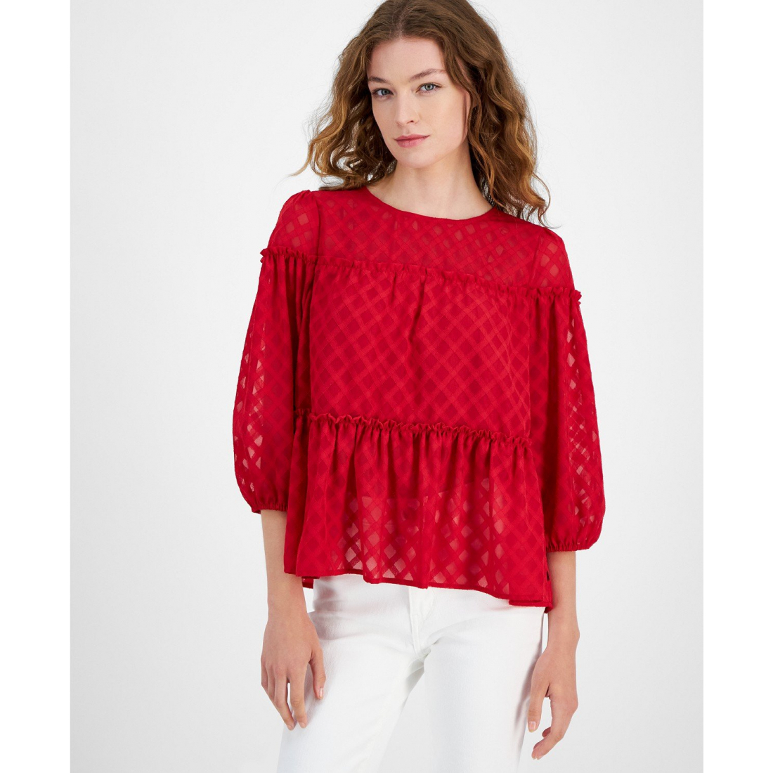 'Lattice Clip-Dot Balloon-Sleeve Blouse' pour Femmes