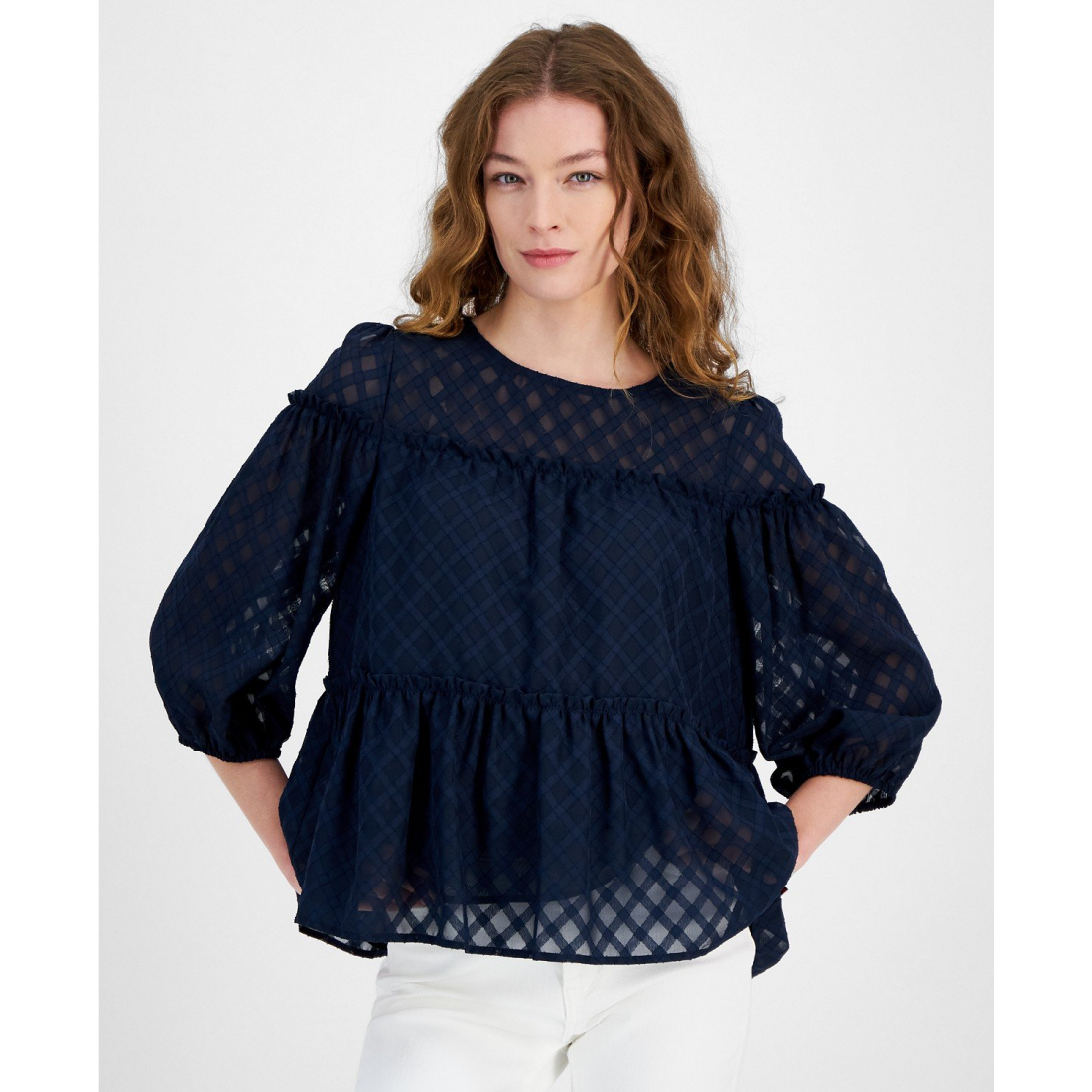'Lattice Clip-Dot Balloon-Sleeve Blouse' pour Femmes