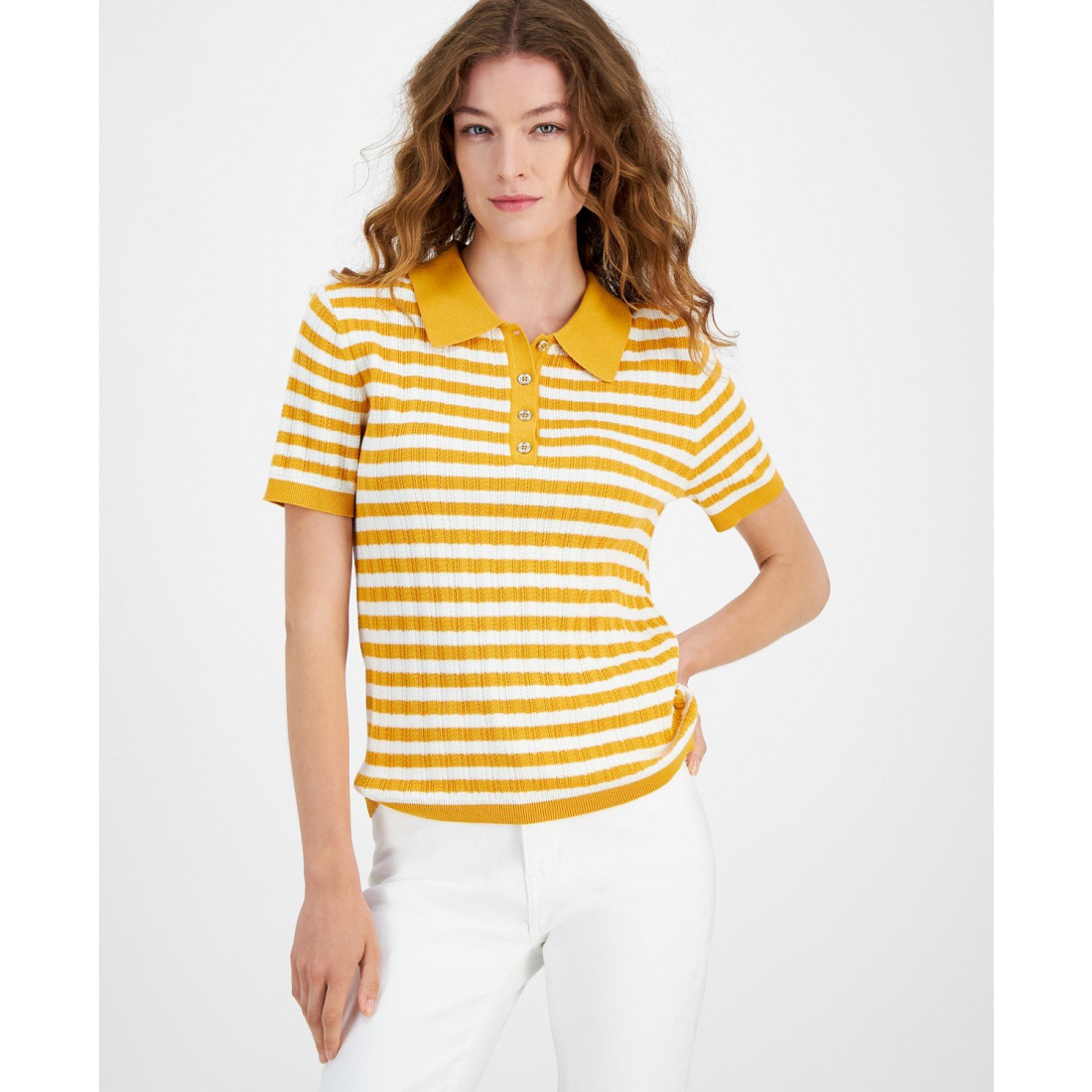 'Striped Short-Sleeve Polo Sweater' pour Femmes
