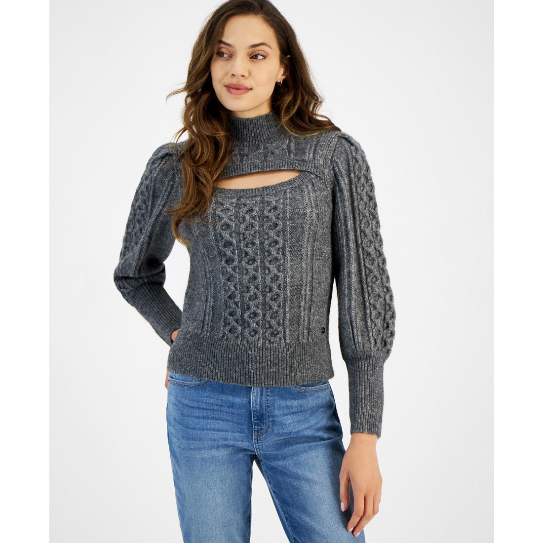 'Cable-Knit Keyhole Mock-Neck Sweater' pour Femmes