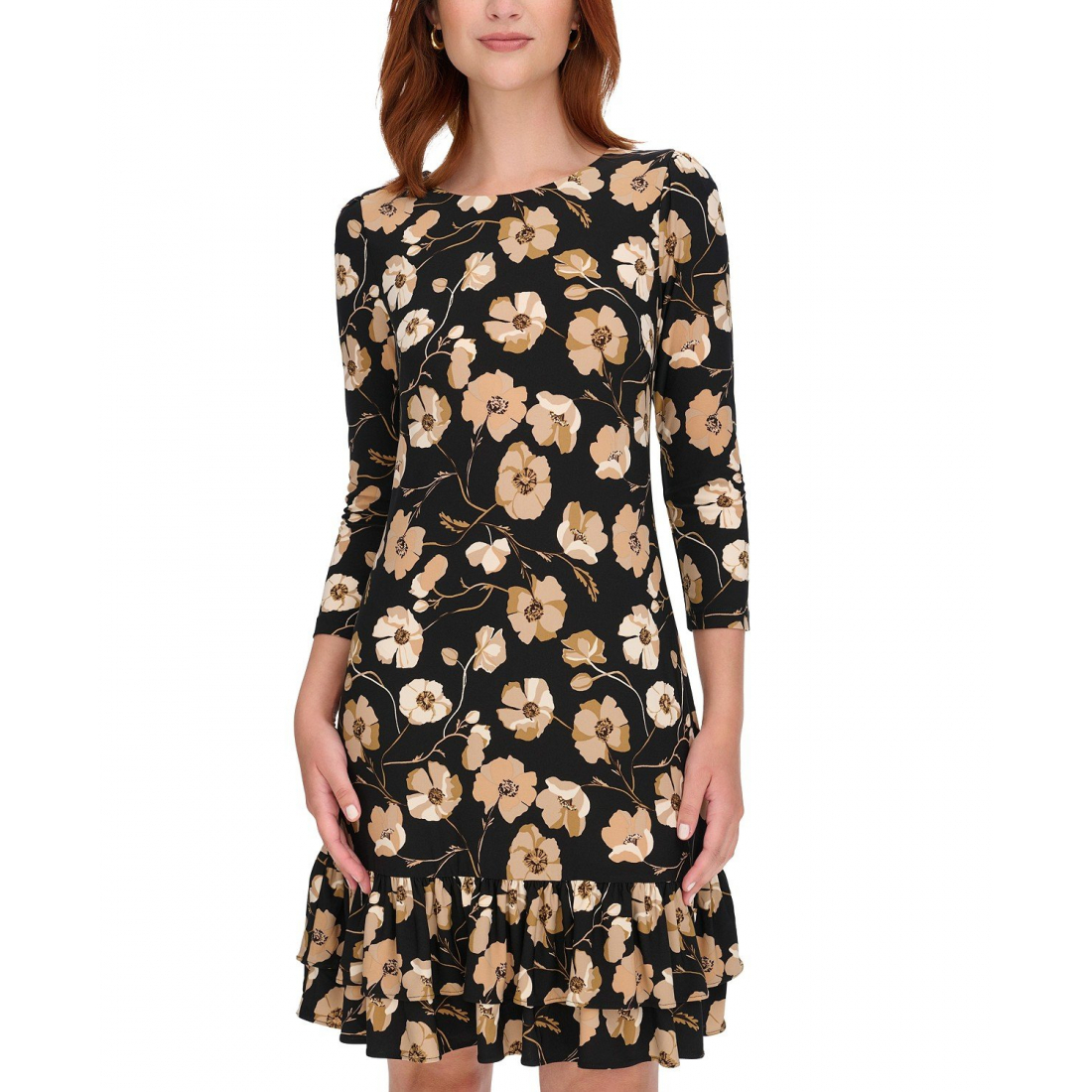 'Round-Neck 3/4-Sleeve Ruffle-Hem Dress' pour Femmes