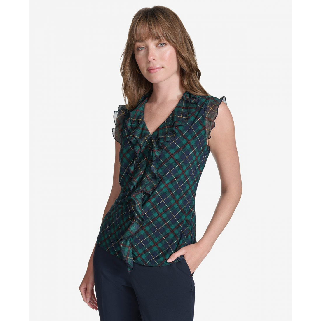 'Plaid Ruffle-Trim Top' pour Femmes