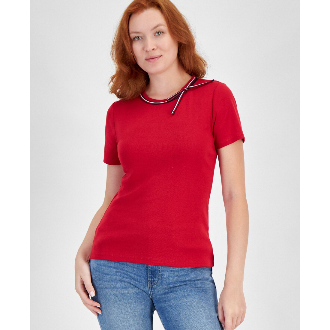 ''Bow Neck Cotton T-Shirt' pour Femmes