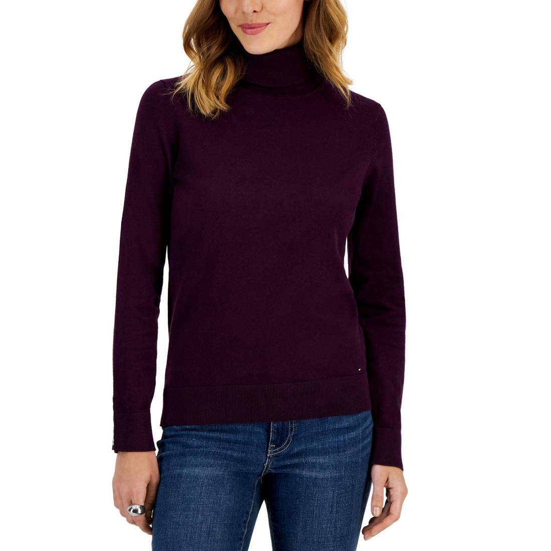 'Cotton Solid Button Cuff Turtleneck Sweater' pour Femmes