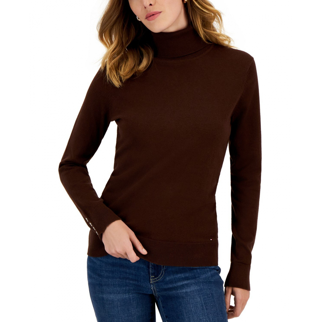 'Cotton Solid Button Cuff Turtleneck Sweater' pour Femmes