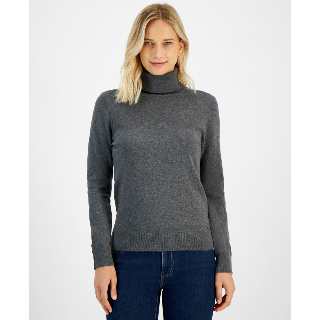 'Cotton Solid Button Cuff Turtleneck Sweater' pour Femmes