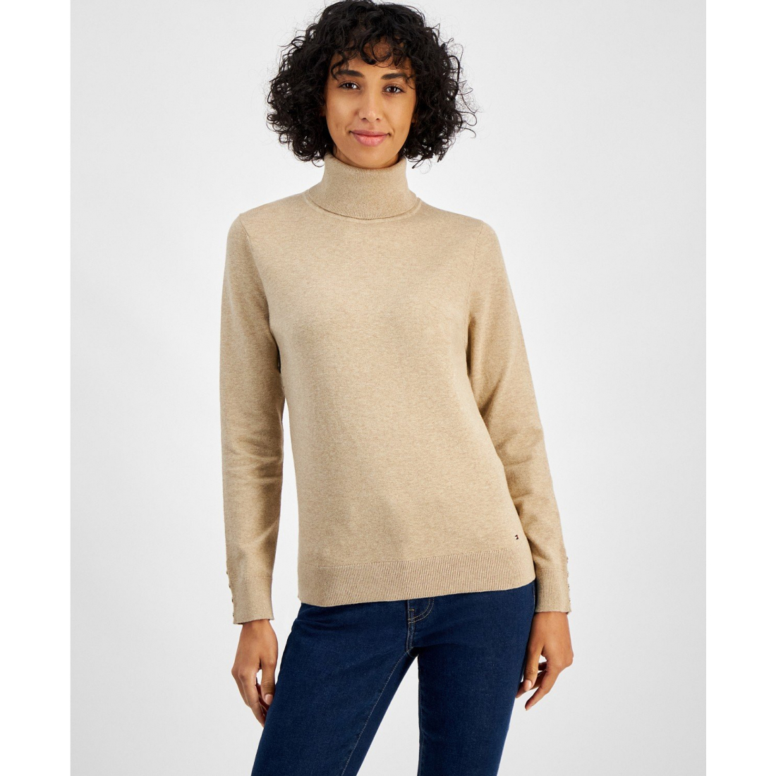 'Cotton Solid Button Cuff Turtleneck Sweater' pour Femmes