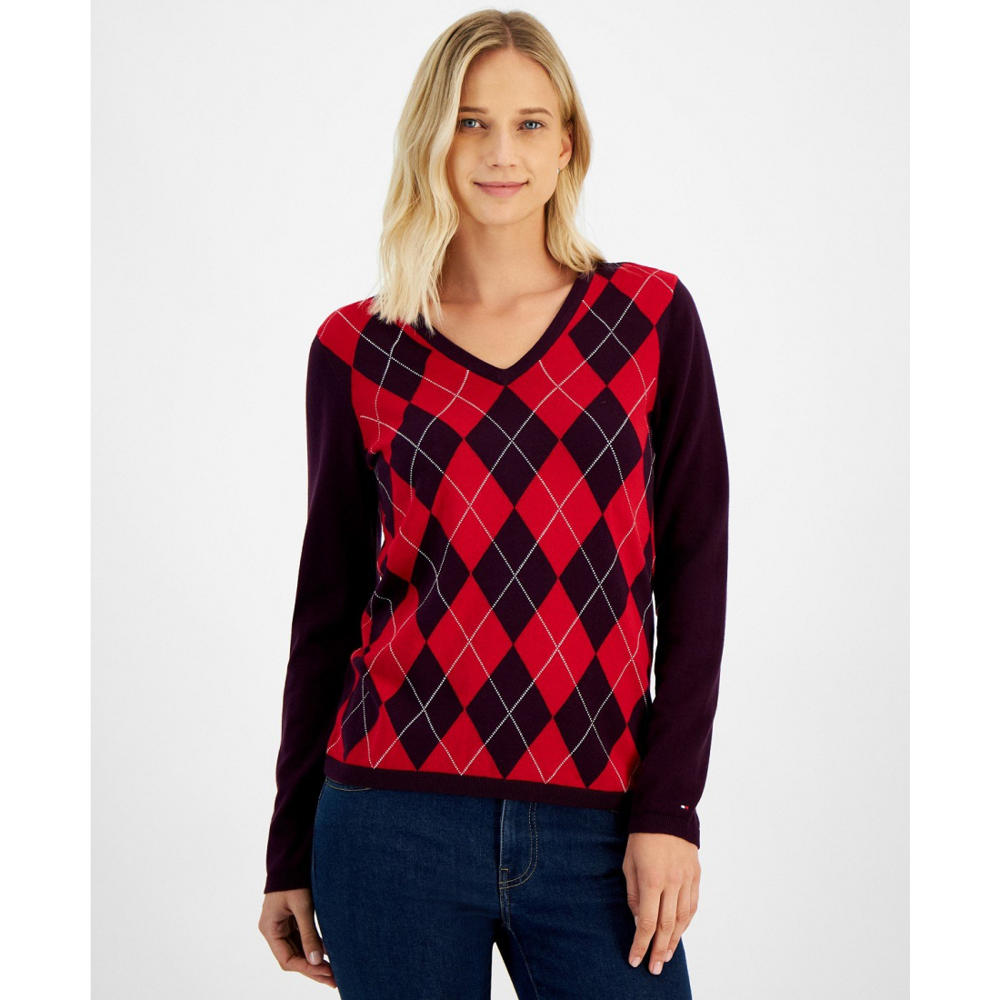 Women's 'Cotton Argyle V-Neck' Sweater