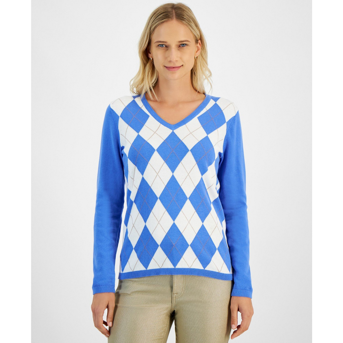 'Cotton Argyle V-Neck Sweater' pour Femmes