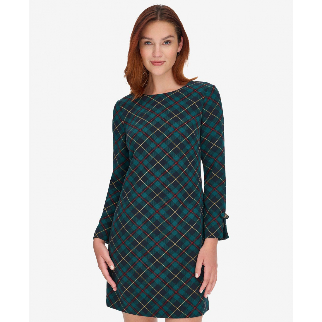 Women's 'Plaid Bow-Cuff' Long-Sleeved Dress
