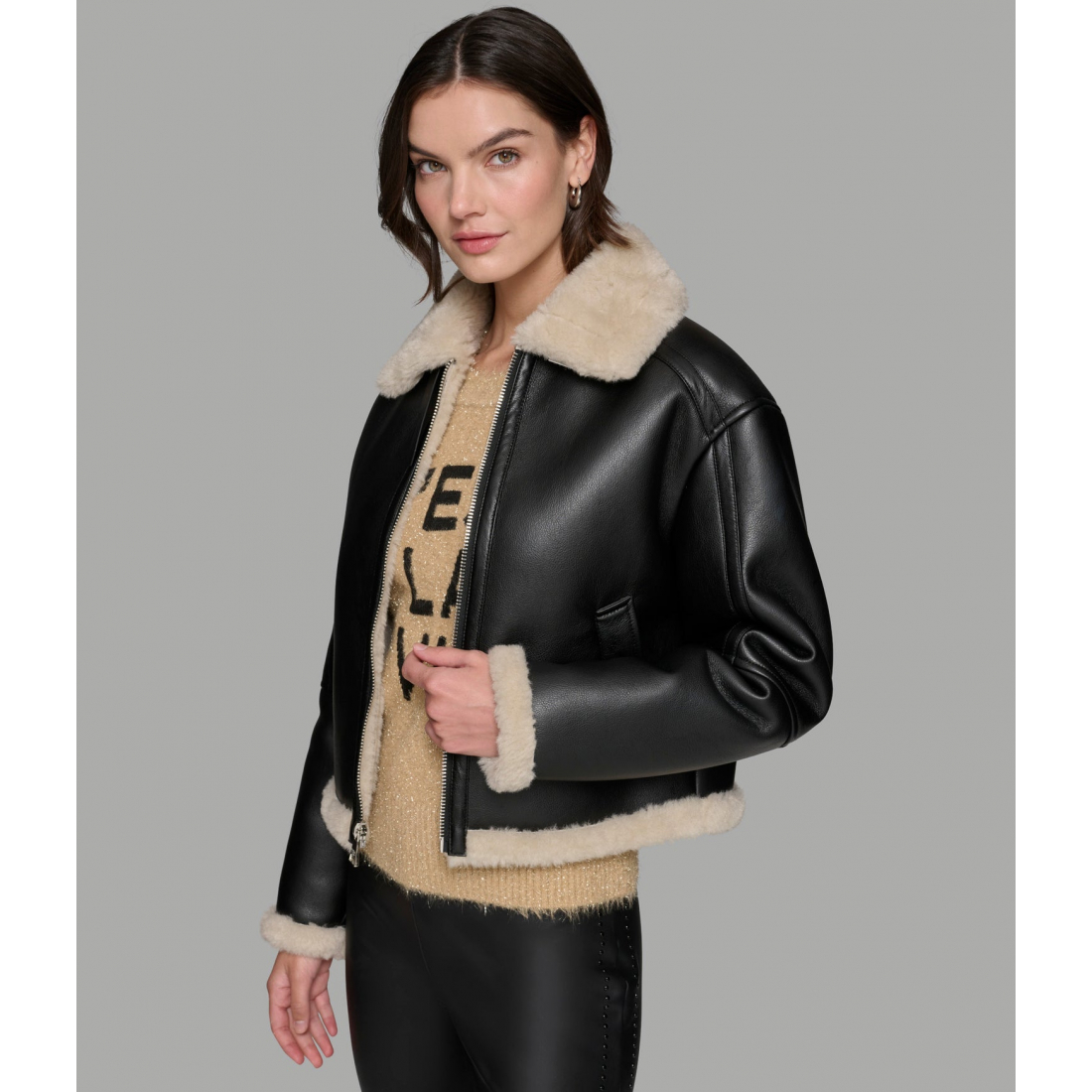 Women's 'Cropped Faux Leather Jacket With Faux Shearling'