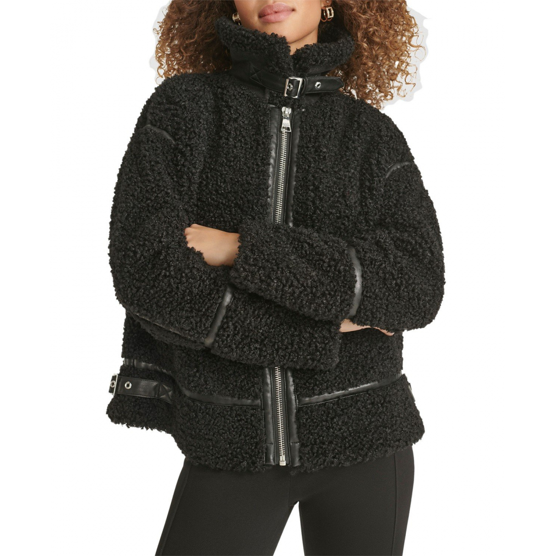 Manteau 'Faux-Leather-Trim Teddy Moto Coat' pour Femmes