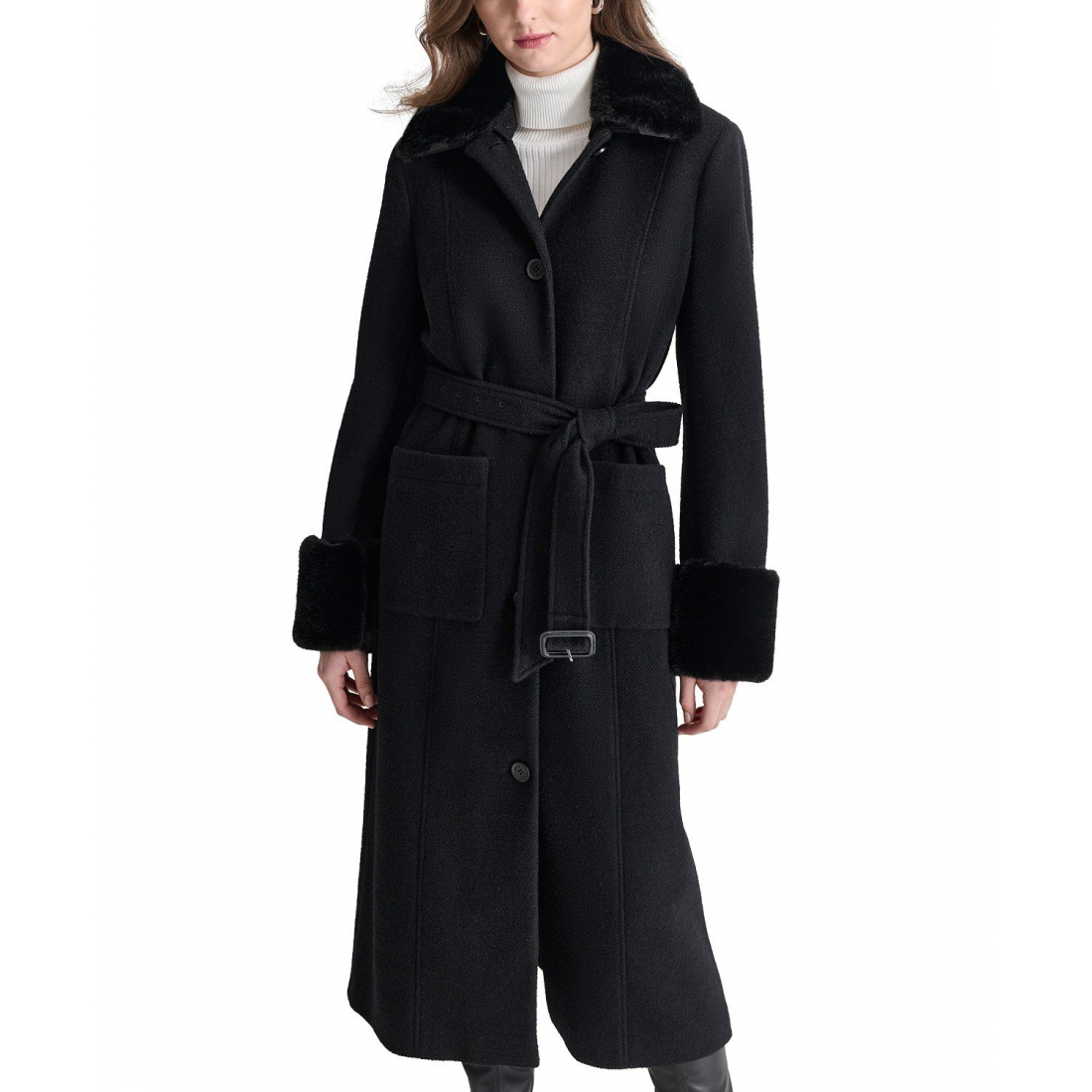 Manteau 'Faux-Fur-Trim Single-Breasted Belted' pour Femmes