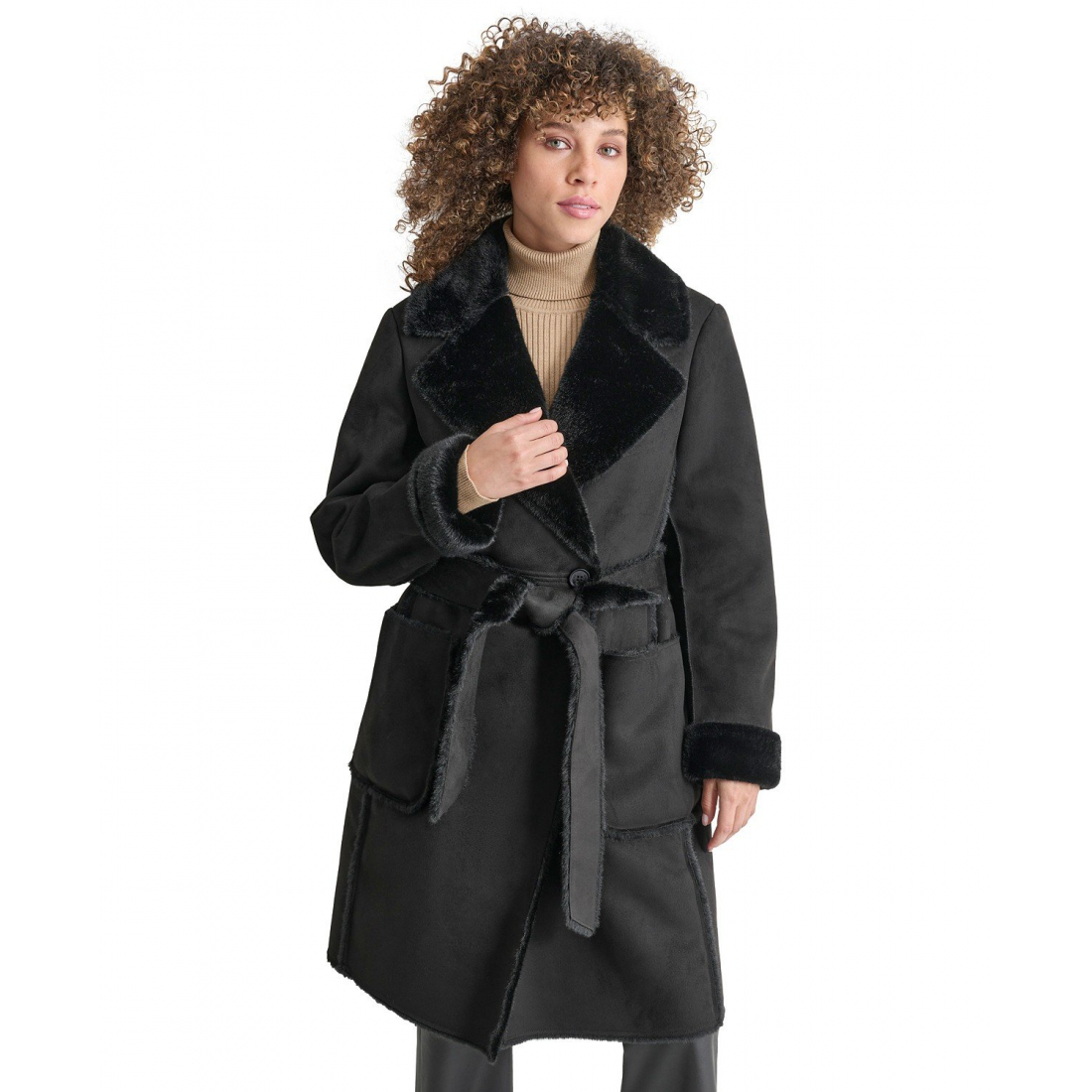 Manteau 'Belted Notched-Collar Faux-Shearling' pour Femmes