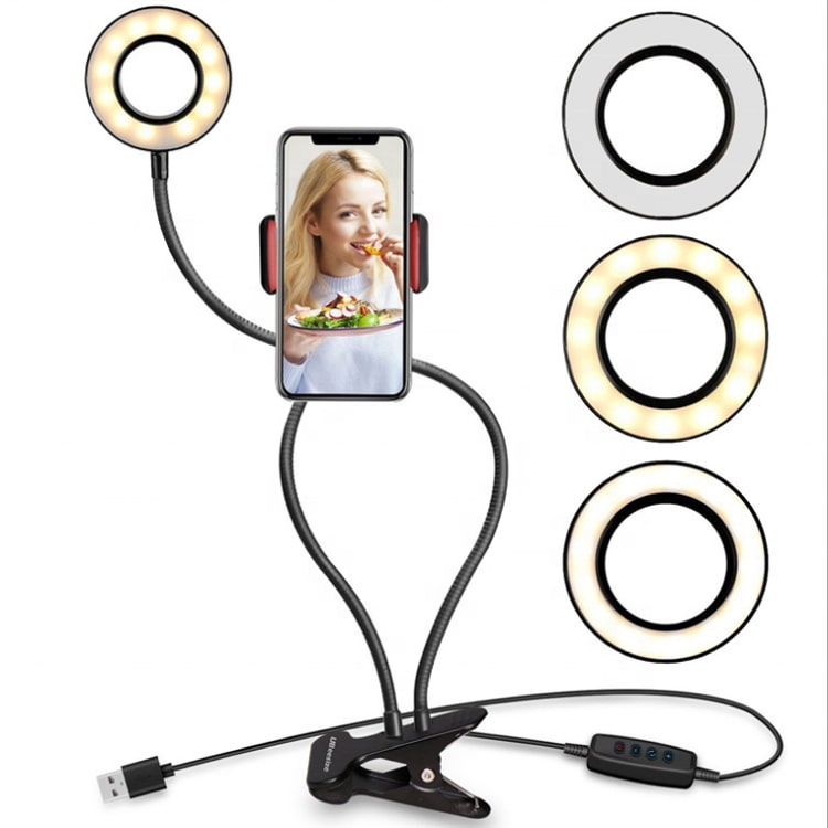Flexible clamp mobile stand with adjustable LED rings