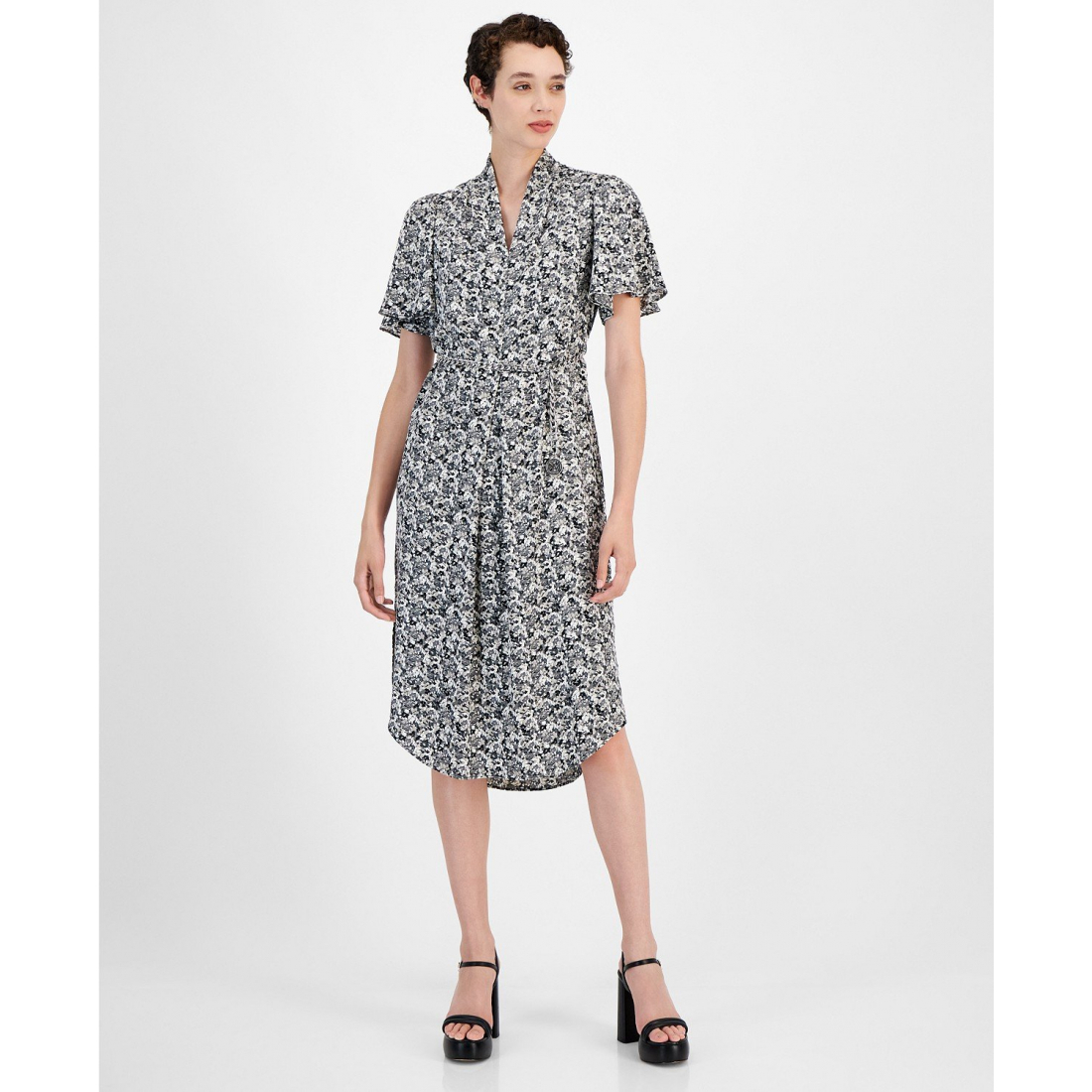 Women's 'Printed Flutter-Sleeve Chain-Belt' Midi Dress