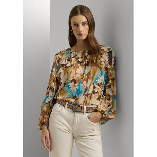 'Floral Crinkle Georgette Tie-Neck Blouse' für Damen