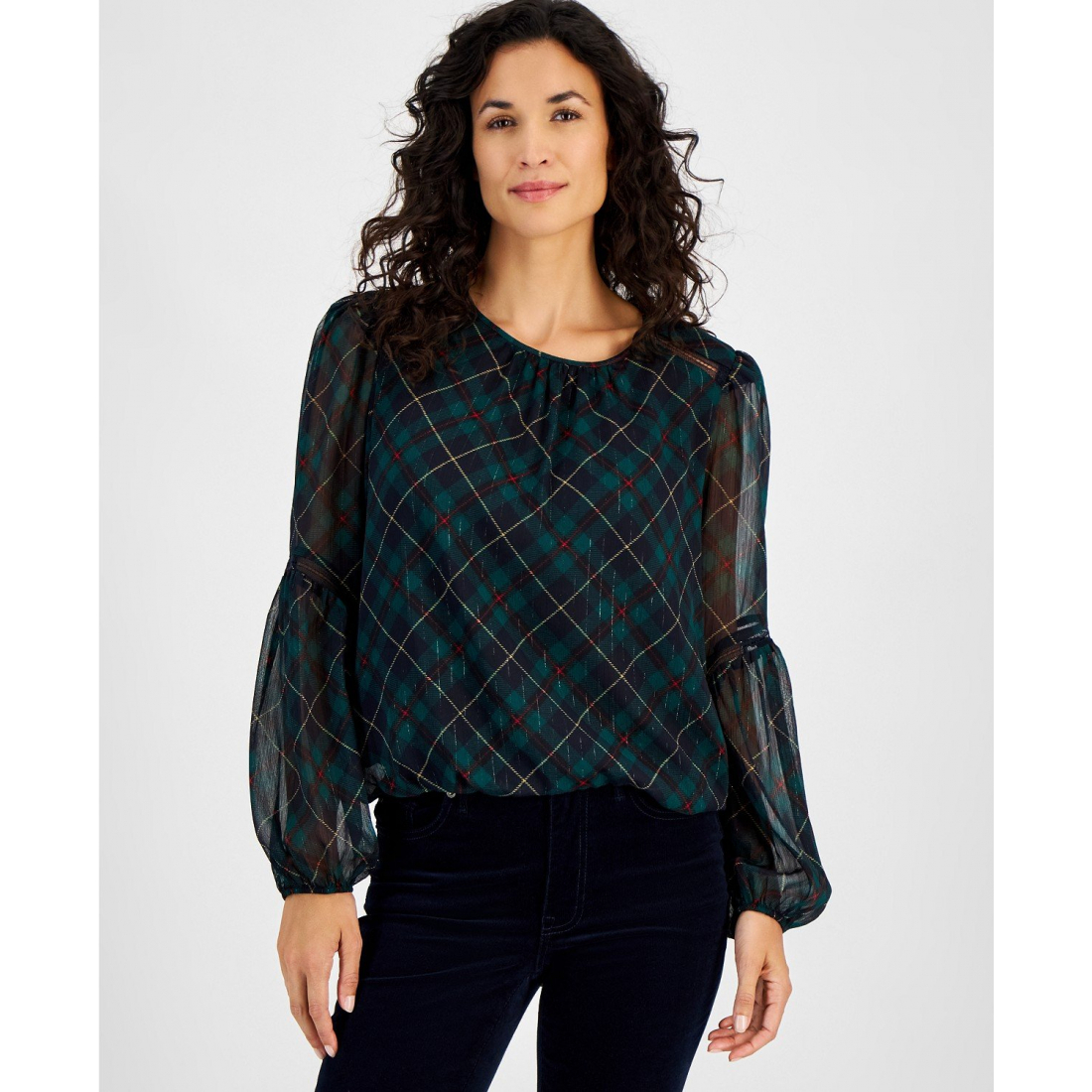 Blouse 'Metallic-Print Sheer-Sleeve' pour Femmes