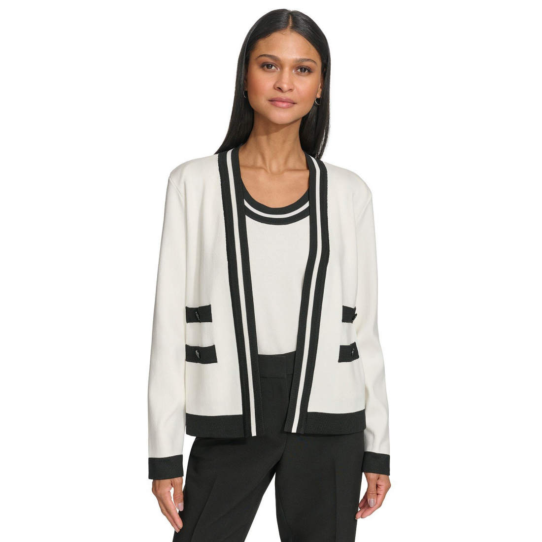 Cardigan 'Open-Front Long-Sleeve Knit Cardigan with Contrast Trim' pour Femmes
