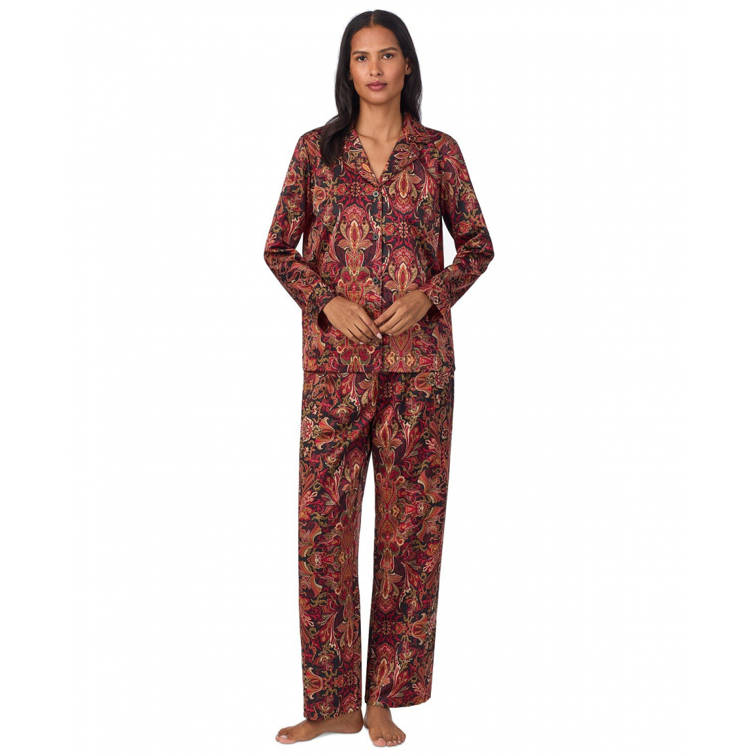 'Satin Notched-Collar Pajama Set' pour Femmes
