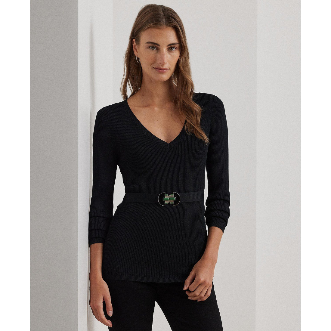 Pull 'Belted Rib-Knit V-Neck' pour Femmes