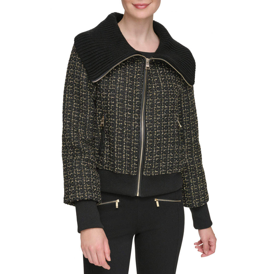 Blouson bomber 'Knit Collar Metallic Tweed Bomber Jacket' pour Femmes