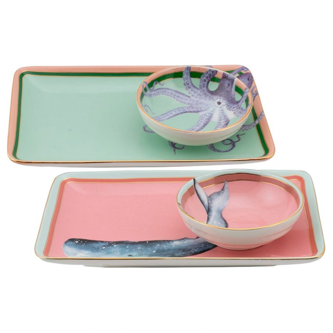 Set Of 2 Sushi Plates With Dip Bowls