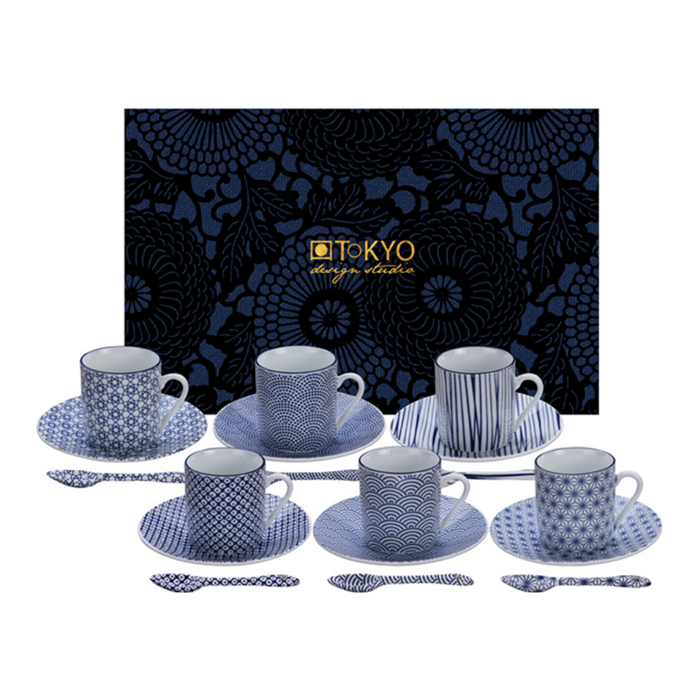 Espresso Set 6 Cups + Saucers And Teaspoons Nippon Blue In Blue/White Porcelain
