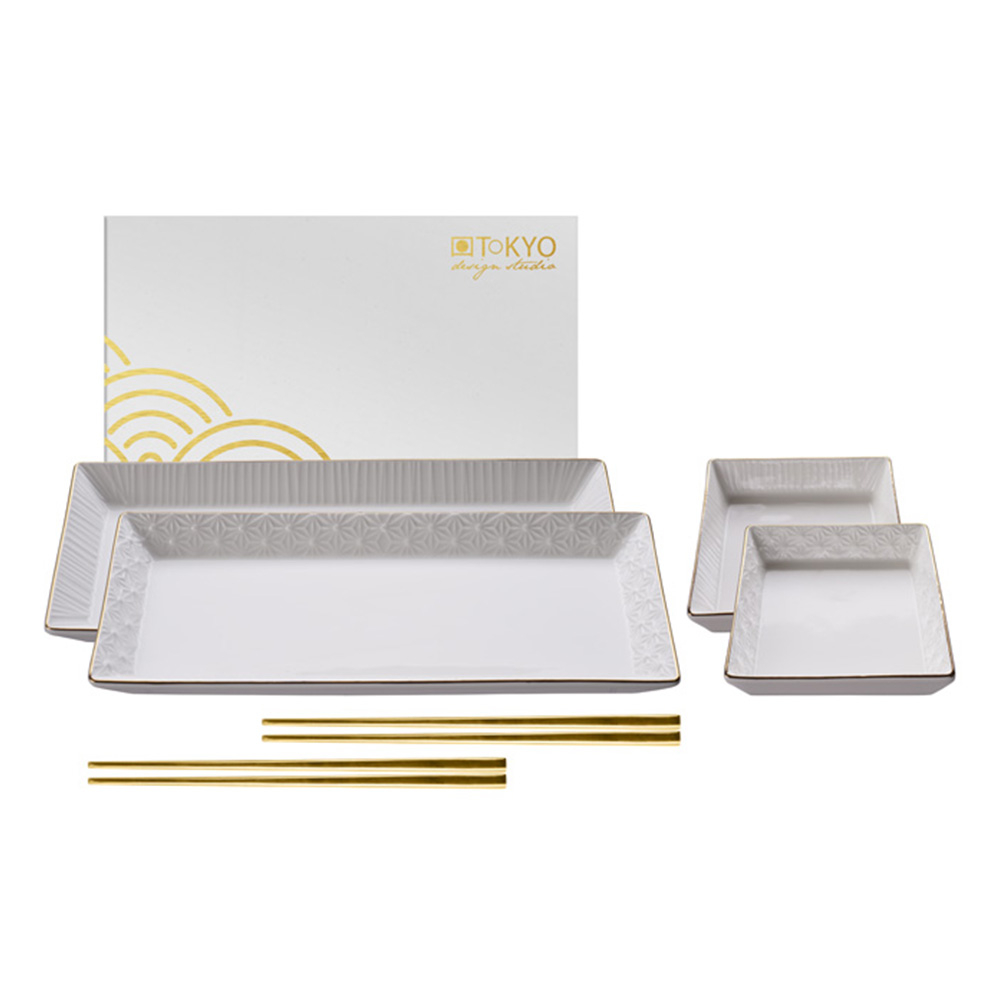 Sushi Set 2 Plates + Bowls And Chopsticks In White/Gold Porcelain