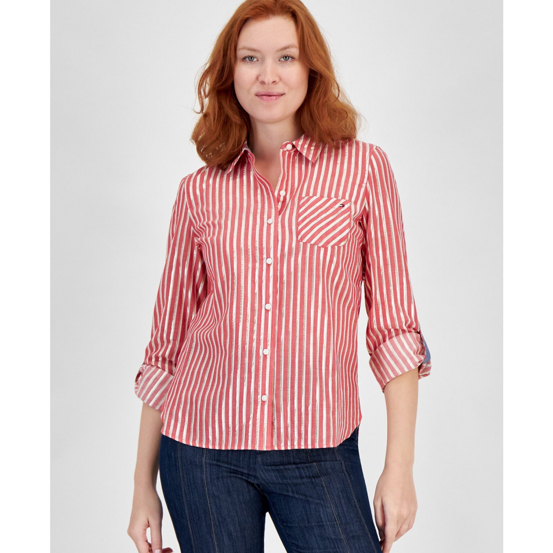 'Shimmering Striped Button-Down Top' pour Femmes