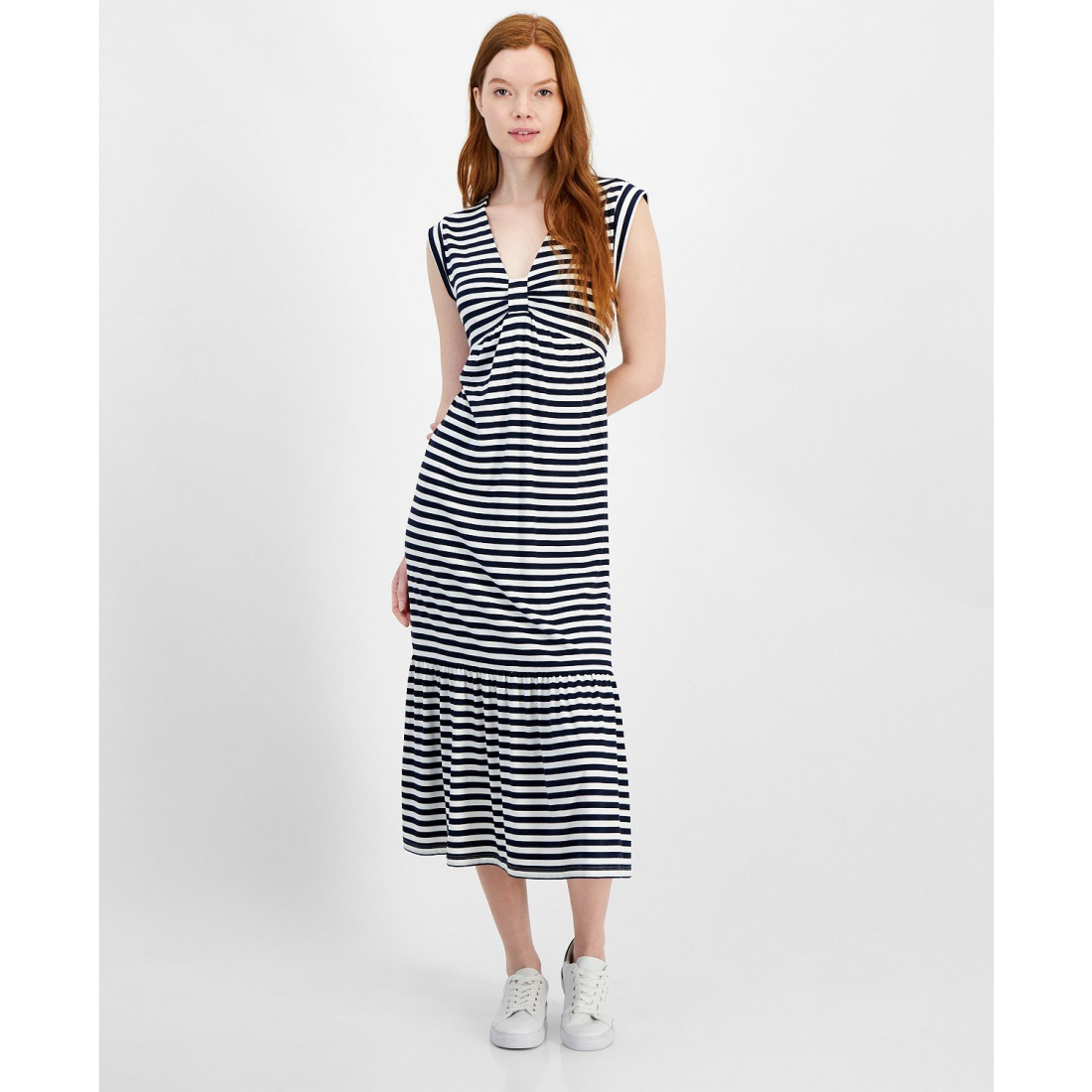 'Striped Tiered Sleeveless Midi Dress' pour Femmes