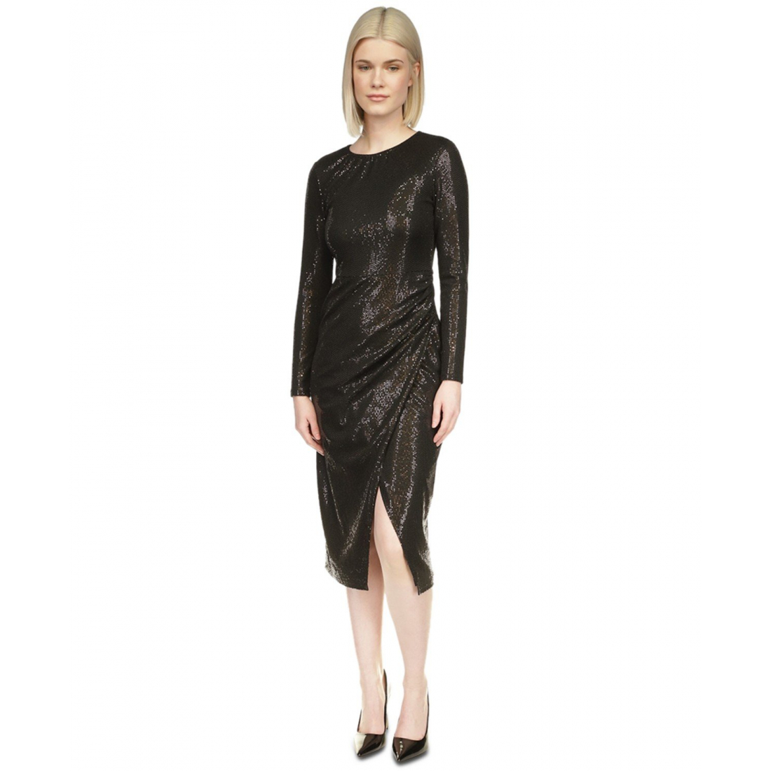 Women's 'Crewneck Long-Sleeve Metallic' Midi Dress
