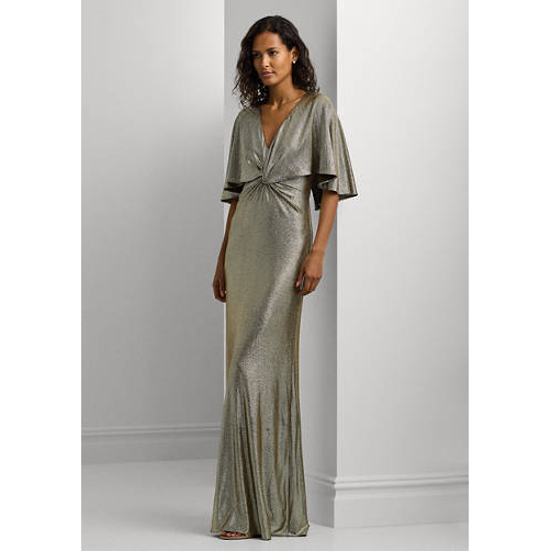 Women's 'Metallic Knit Twist Front Cape' Gown