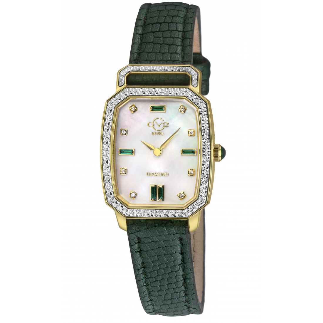 GV2 Women's Pavia Diamond Watch, IPYG Case, White MOP Dial, Green Handmade Italian Leather Strap.