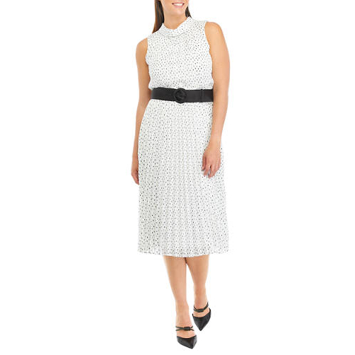 Women's 'Mock Neck Pleated Dot Print' Sleeveless Dress