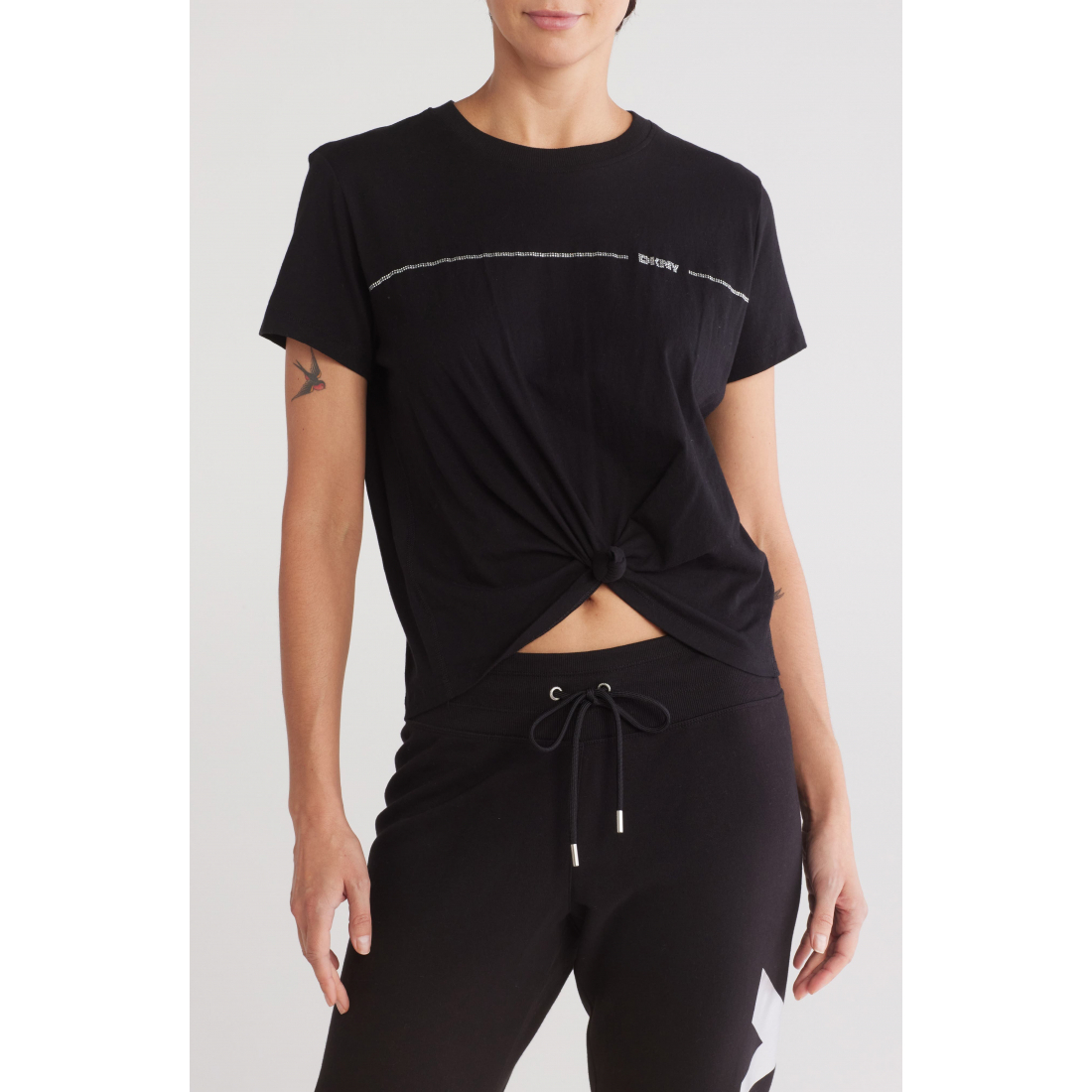 Women's 'Rhinestone Stripe Logo Knotted' T-Shirt