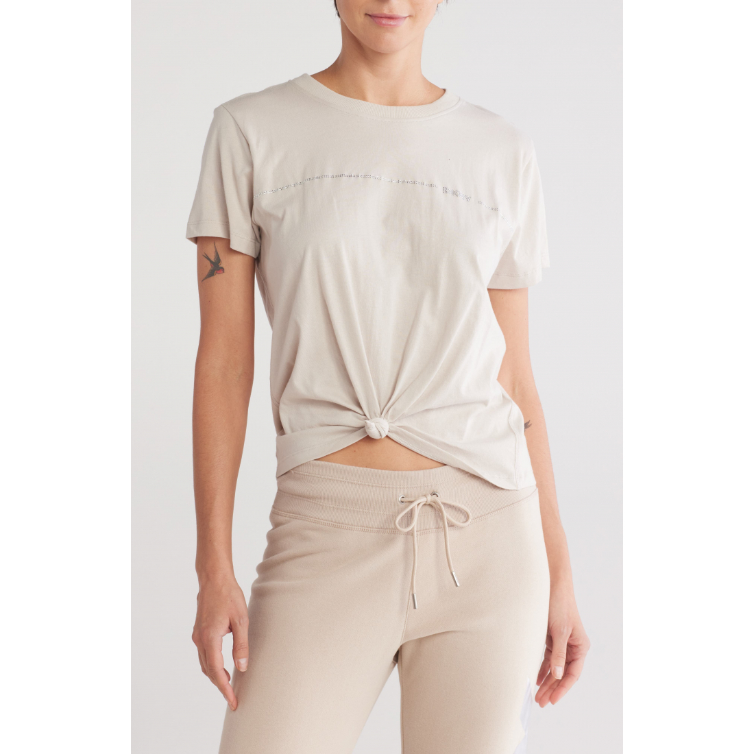 Women's 'Rhinestone Stripe Logo Knotted' T-Shirt