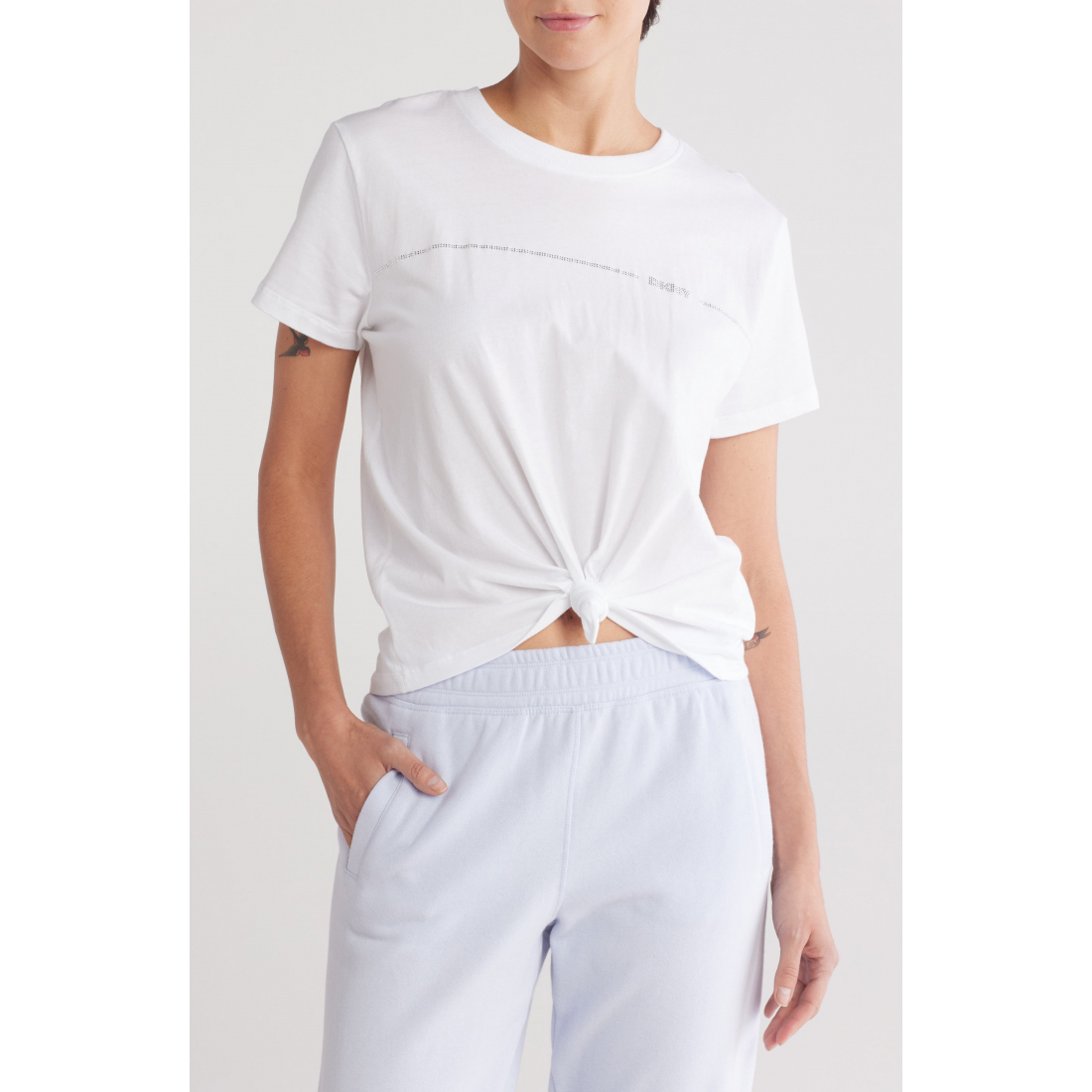 Women's 'Rhinestone Stripe Logo Knotted' T-Shirt