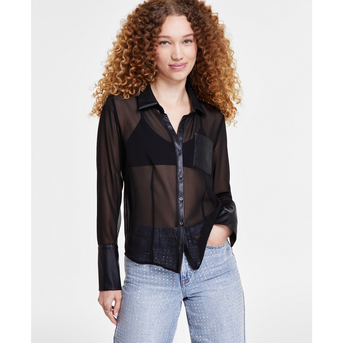Chemise 'Faux-Leather Trim Sheer-Mesh' pour Femmes