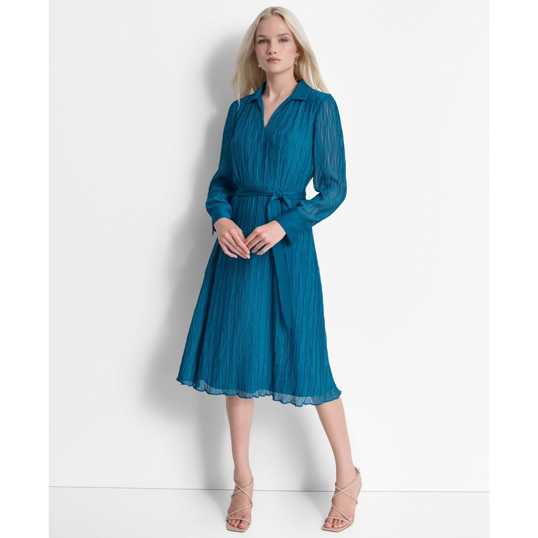 Robe à manches longues 'Crinkle Polo-Collar Tie-Waist' pour Femmes