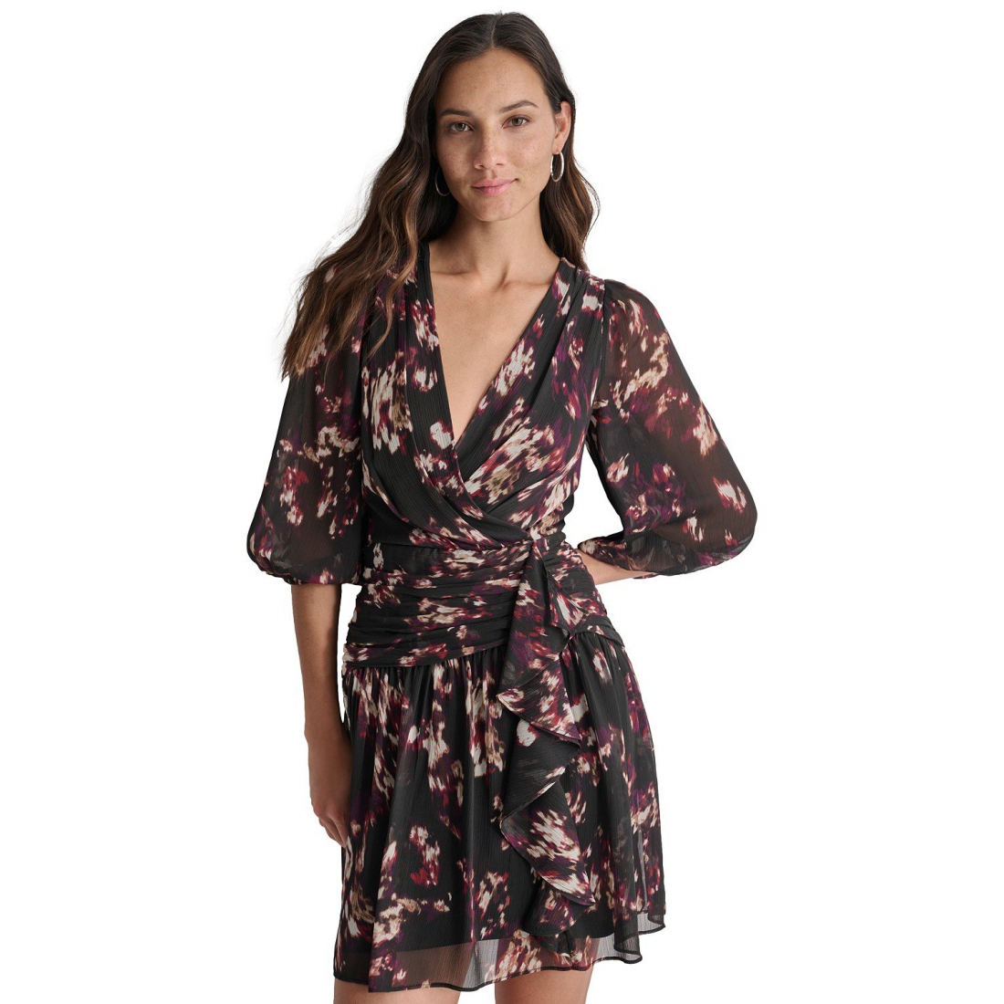 Robe mini 'Crinkle-Chiffon Faux-Wrap' pour Femmes