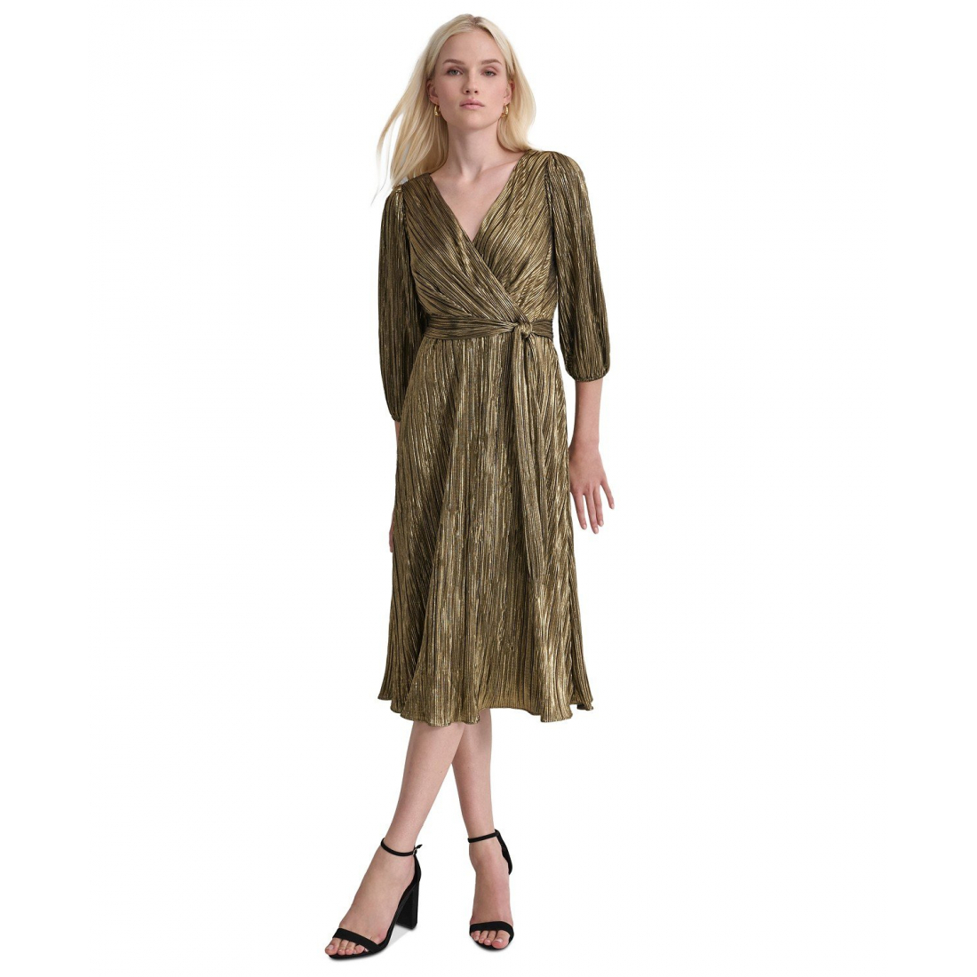Robe à manches 3/4 'Faux-Wrap Metallic' pour Femmes