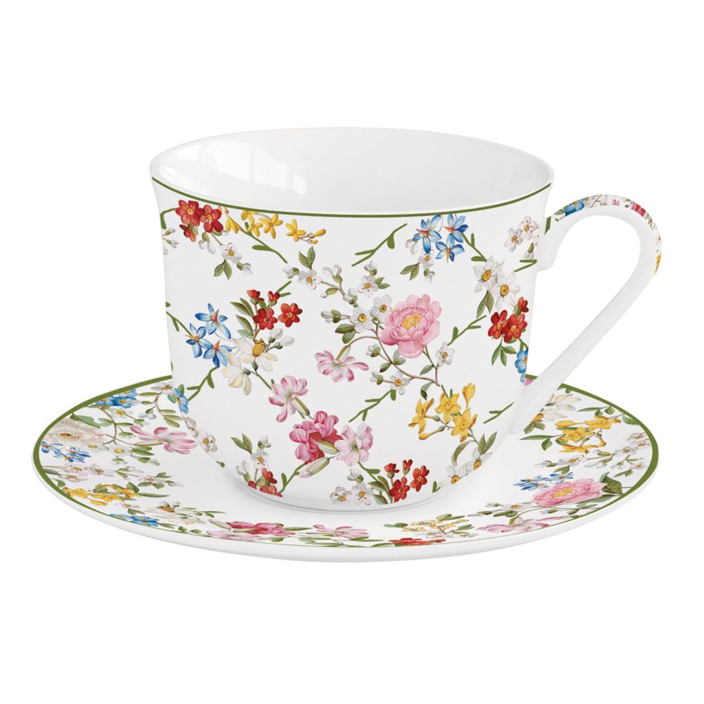 Frühstückstasse Aus Porzellan Mit Untertasse, 370 ml. In Einer Farbigen Geschenkbox Mit Dem Aufdruck „Garden Dreams“.