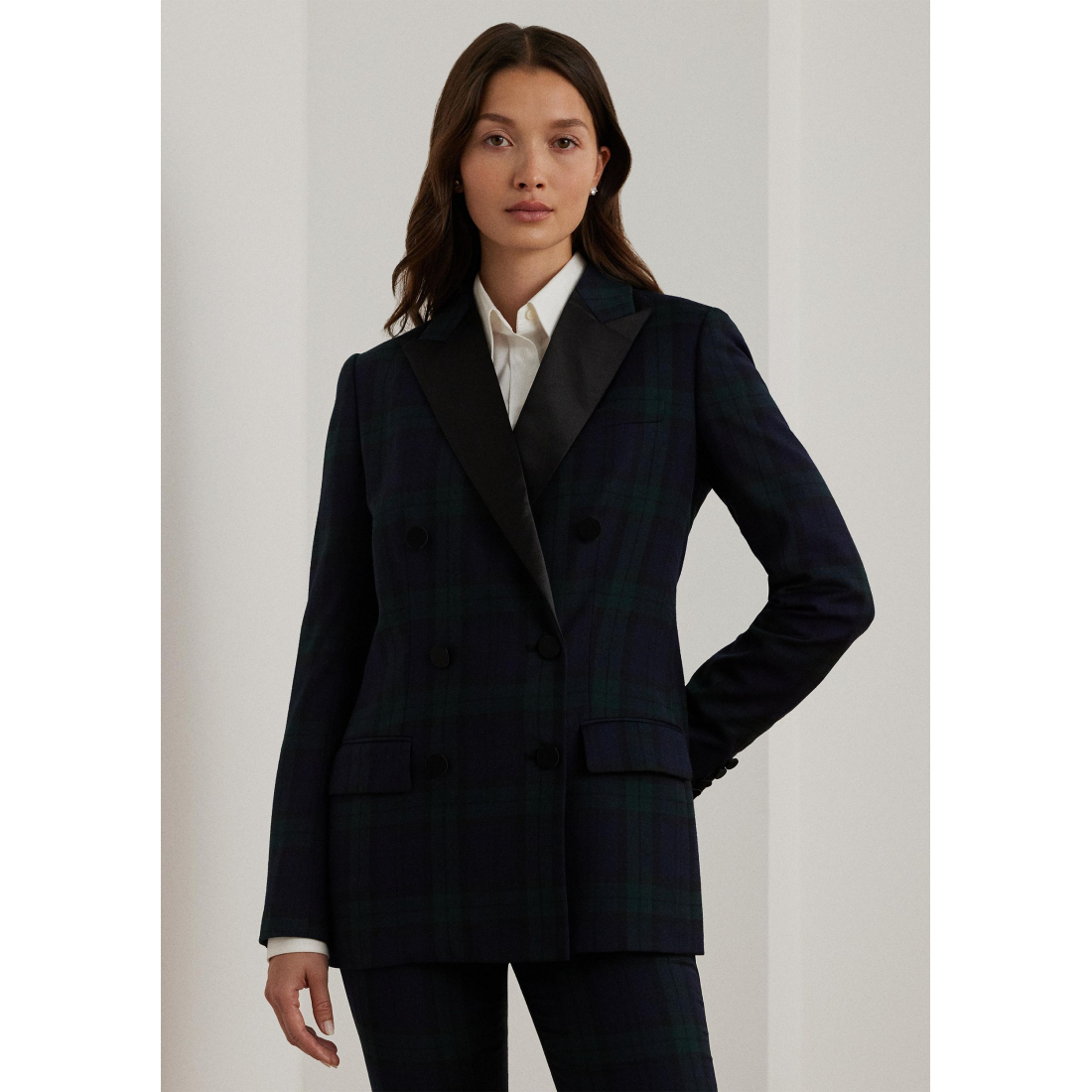 Blazer 'Plaid Double Breasted Satin Trim' pour Femmes