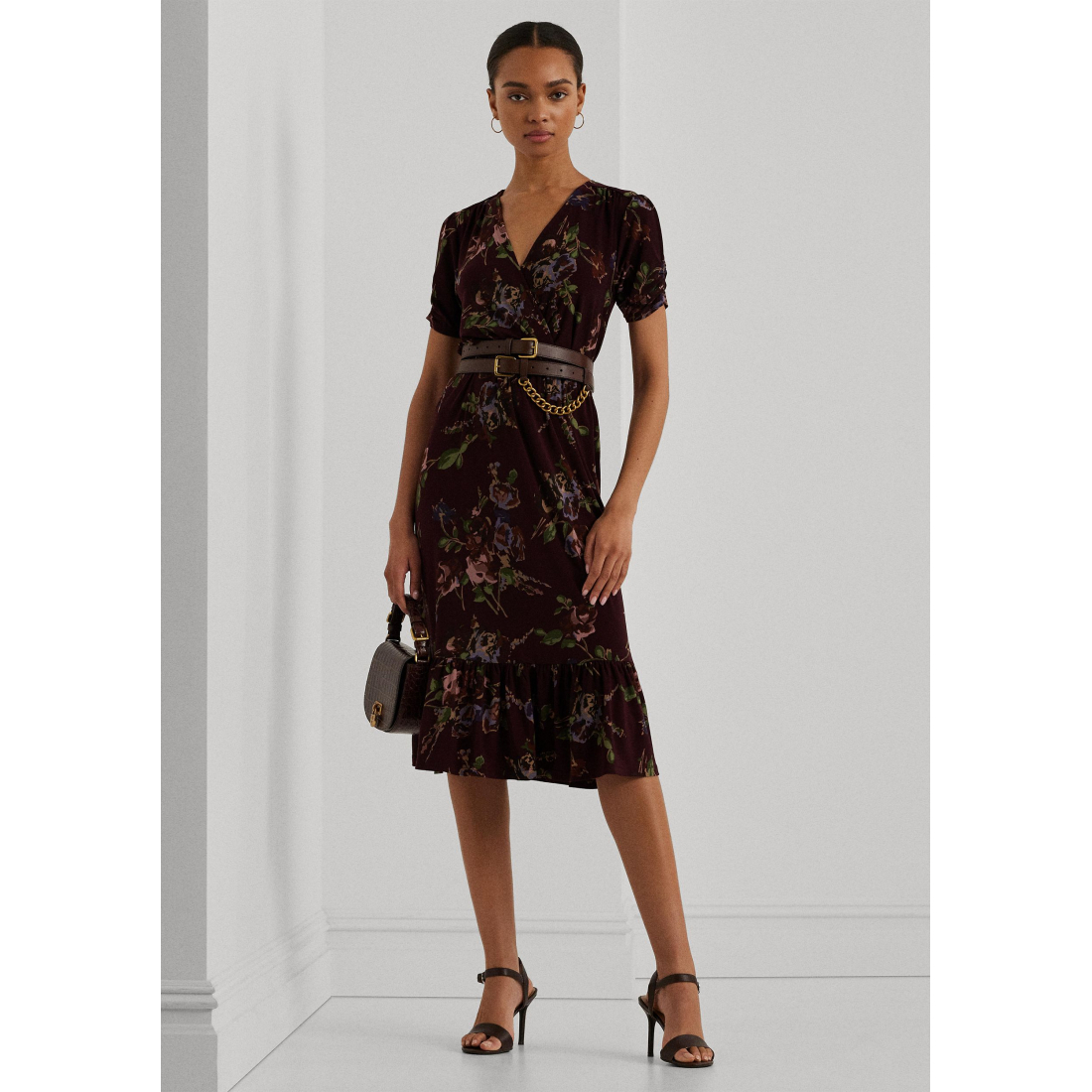 'Floral Jersey Surplice Puff-Sleeve' Kleid mit kurzem Ärmeln für Damen