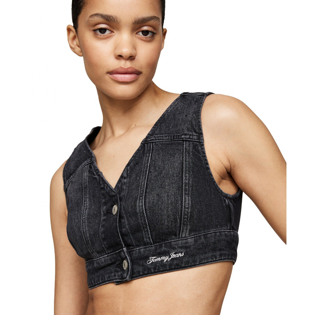'Rhinestone Cropped Denim Vest' pour Femmes