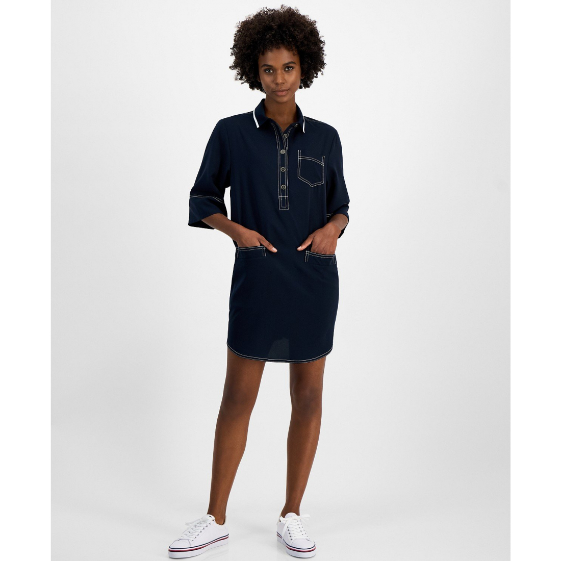 Robe Midi 'Contrast-Stitched Button-Placket Popover' pour Femmes
