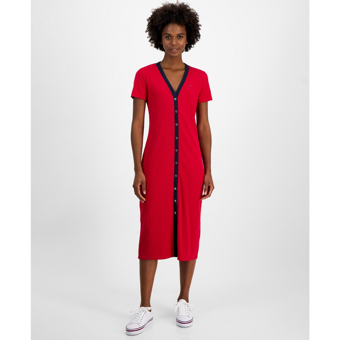 Robe Midi 'V-Neck Button-Front' pour Femmes