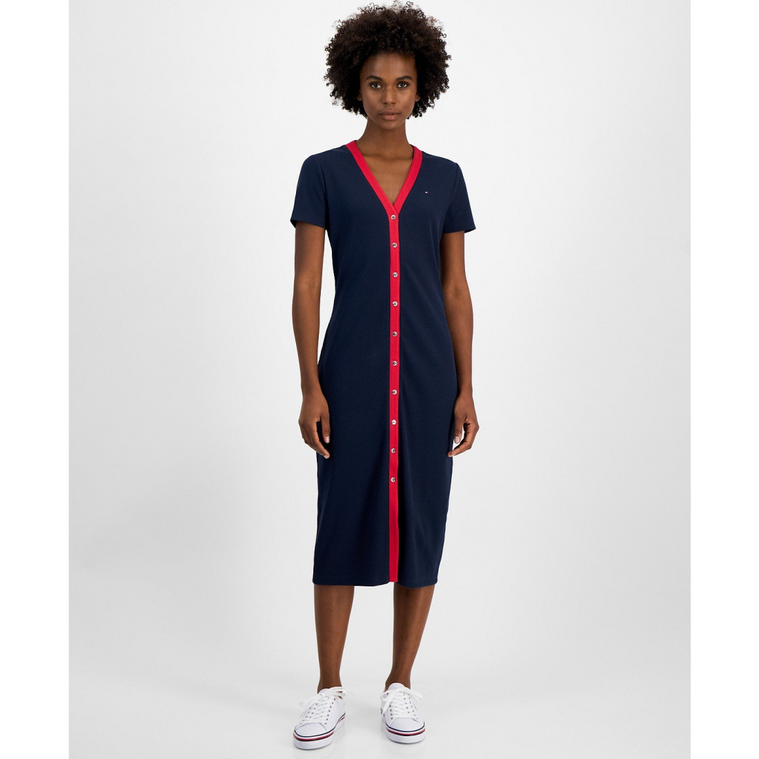 'V-Neck Button-Front Midi Dress' pour Femmes