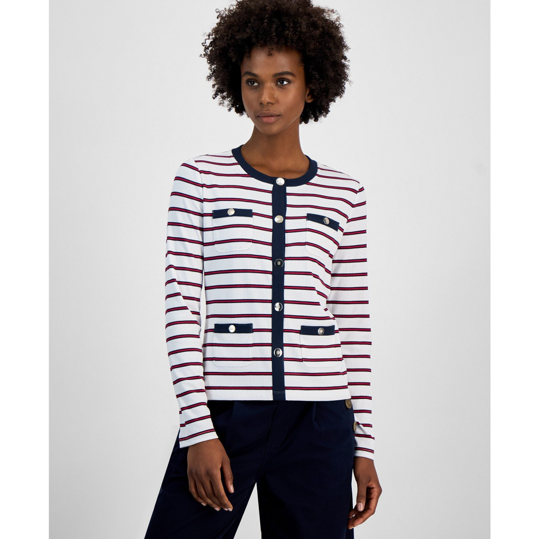 'Striped Contrast-Trim Button Cardigan' pour Femmes